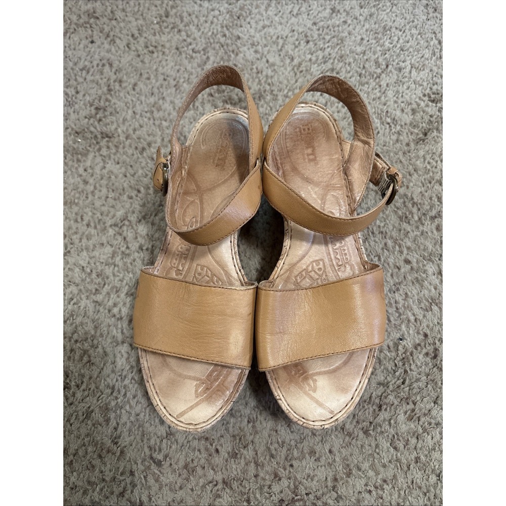 Born Wedge Sandals Women 9.5 Tan Leather Cork Platform Ankle Strap Summer Heels‎